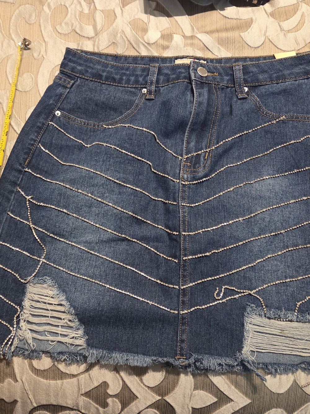 Denim Mini Skirt with Silver Beaded Stripes